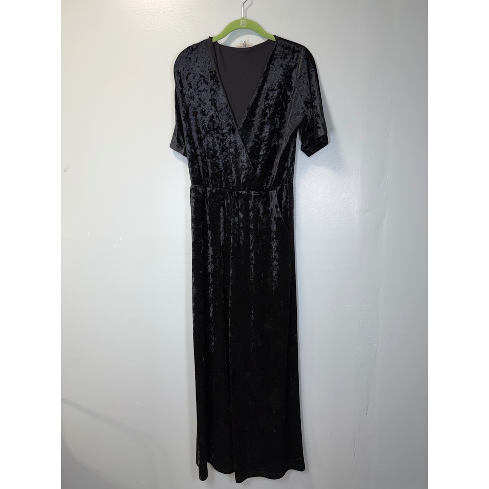 Mystree Womens Black Crushed Velvet Wide Leg Jumpsuit V-Neck Short Sleeve S